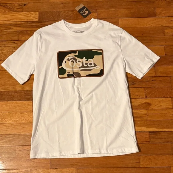 Men’s Costa White Tee with Camouflage Logo - NEW with tags, size L - Picture 1 of 3